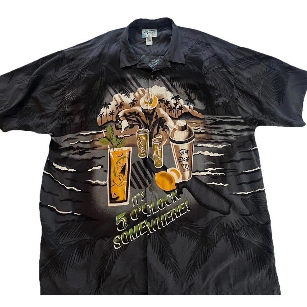 Big Dogs Hawaiian Shirt Mens 4XL Black 5 OClock Graphic Button Up (112)